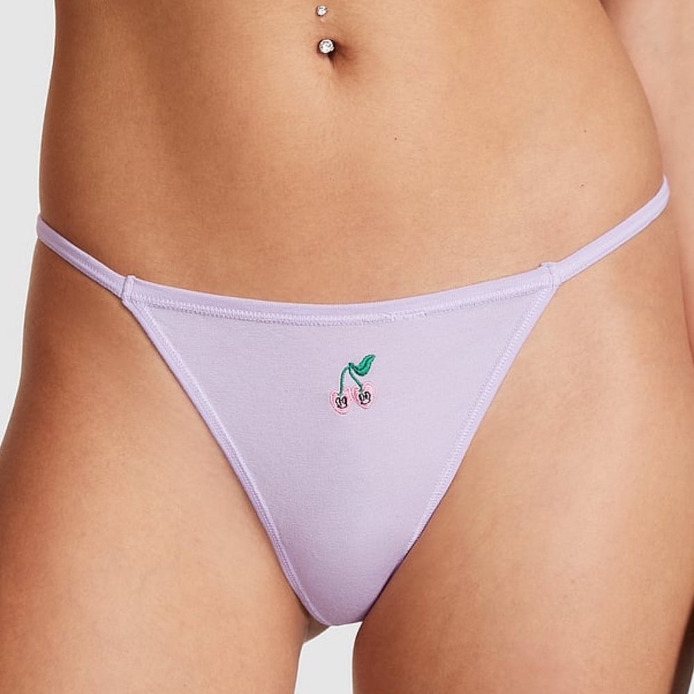 2/$25 Victoria’s Secret PINK Cotton V-String Panty Pastel Lilac Cherry Graphic M